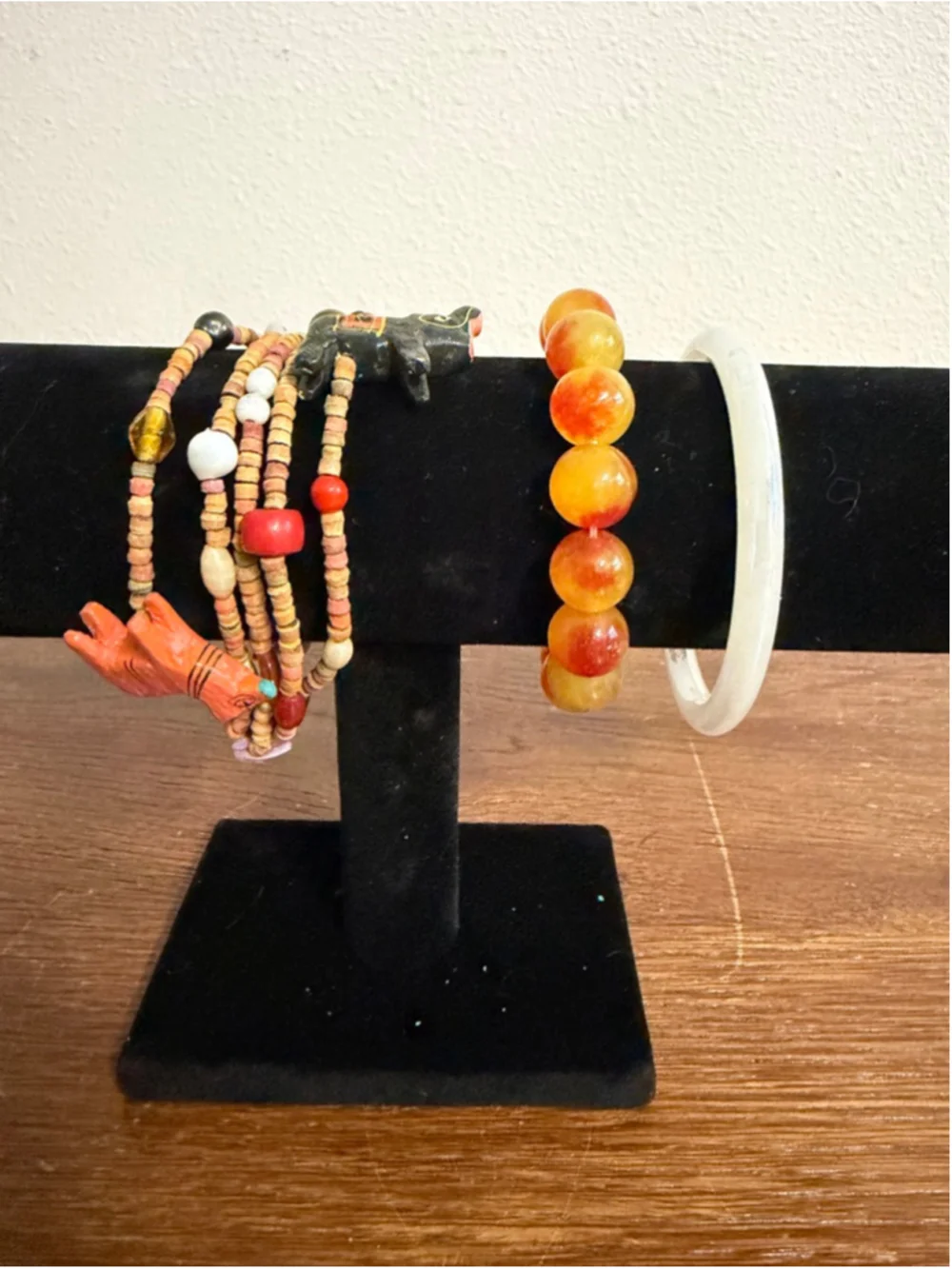 Boho Bracelet Lot 3pc Beaded Carved Animal Charm Stretch Bangle Stack Set